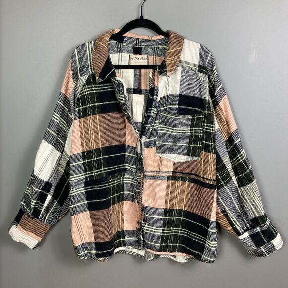 Free People shirt jacket Medium Cozy in Plaid top black oversized grunge chore - Picture 2 of 11